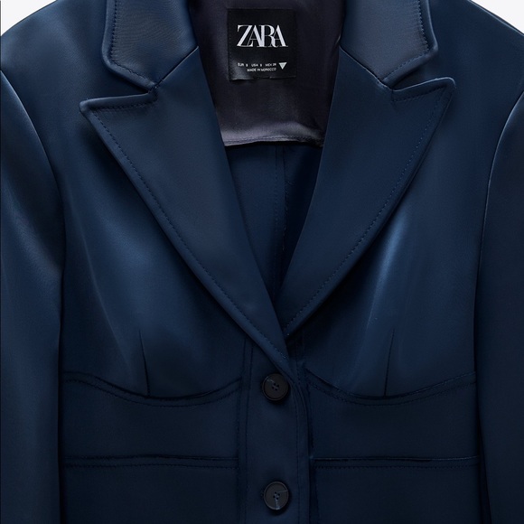 NWT ZARA LIMITED EDITION Navy Blue Satin Blazer - Picture 3 of 4